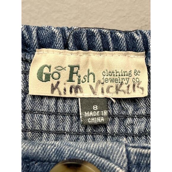 Go Fish Denim Dress Womens 8 Blue Stretch Jean Button Front Sleeveless Smocked - Picture 4 of 8